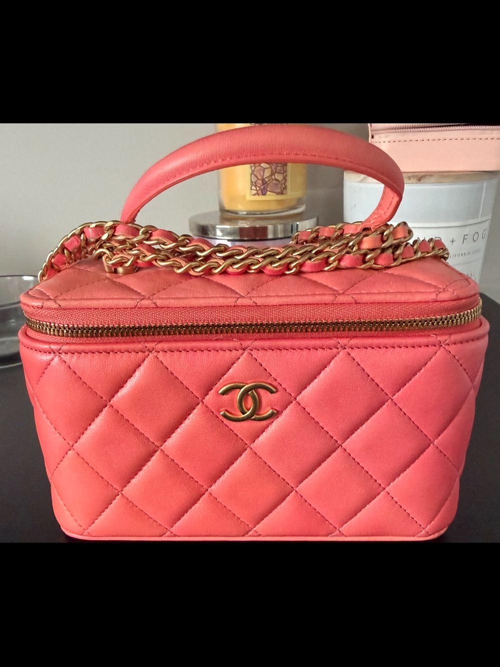 Chanel Quilted Vanity Lambskin Coral with Gold chain
